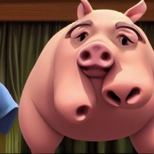 Image similar to viktor orban as a pig in a studio ghibli movie, screenshot