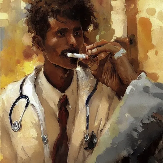 Image similar to an ethiopian male as a doctor smoking a cigarette, surrounded by beautiful women, portrait, elegant, intricate, digital painting, artstation, concept art, smooth, sharp focus, illustration, art by konstantin korovin and daniel f. gerhartz and john howe