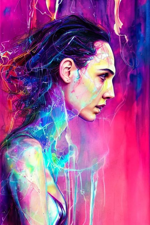 Image similar to gal gadot by agnes cecile enki bilal moebius, intricated details, 3 / 4 back view, full body portrait, extremely luminous bright design, pastel colours, drips, autumn lights