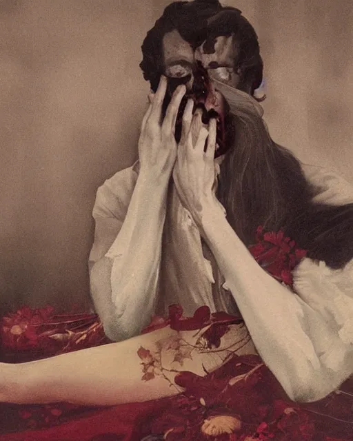 Prompt: a beautiful and eerie baroque painting of a beautiful but serious man in layers of fear, with haunted eyes and dark hair, 1 9 7 0 s, seventies, floral wallpaper, wilted flowers, a little blood, morning light showing injuries, delicate embellishments, painterly, offset printing technique, by robert henri, walter popp, alan lee