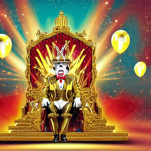 Image similar to cartoon of a shining majestic throne made of millions of diamonds, gold and zaphires with thousands of light reflections, and a clown on a tuxedo suit is sitting on the throne while handing a golden balloon, dramatic light