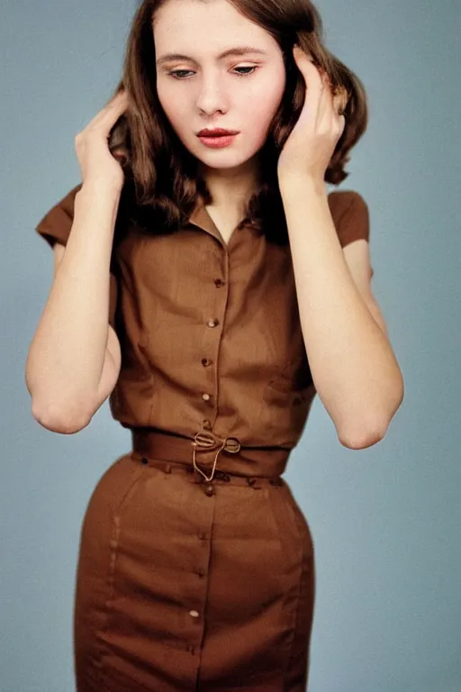 Prompt: “ beautiful brown hair model close up wearing shirt and skirt, 1 9 6 0 ’ s fashion, 1 5 0 mm f 2. 8, face shot, hasselblad, photo by brian ingram, david lazar, lisa kristine, steve mccurry, high quality, symmetrical face, clear skin, 4 k, studio and dramatic lighting ”