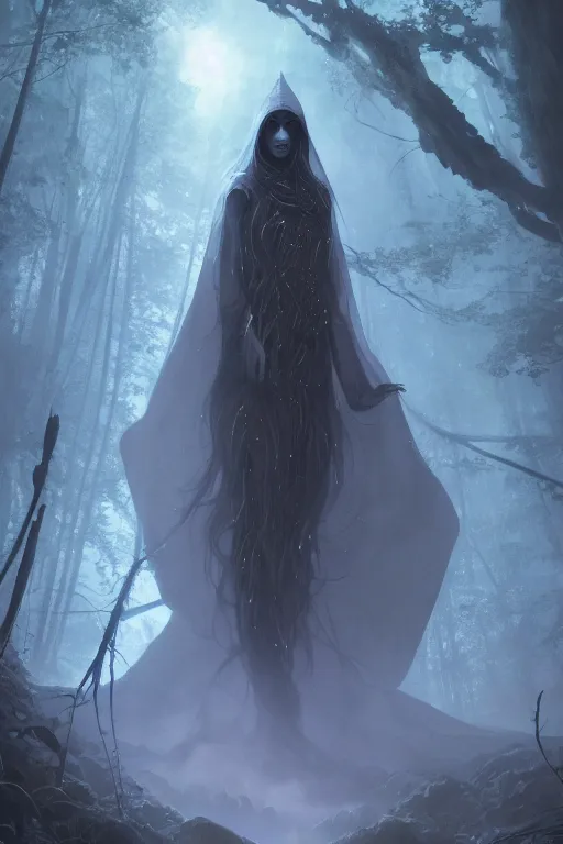 Prompt: a full body portrait of a mysterious goddess with a very long hooded cloak made of stars and clouds walking through a forest,, by maciej kuciara and jason chan and makoto shinkai, ominous, cosmic horror, trending on artstation, ultra detailed, hyper realistic 4 k, volumetric light