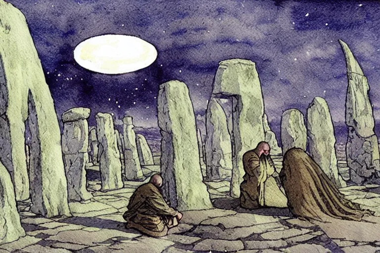 Image similar to a realistic and atmospheric watercolour fantasy concept art of a ufo landing in a floating stonehenge. medieval monk in grey robes is on his knees praying. a crescent moon in the sky. muted colors. by rebecca guay, michael kaluta, charles vess and jean moebius giraud