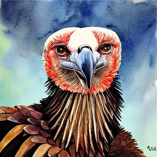 Image similar to watercolor painting of vulture, very very very very very beautiful nature art, masterpiece, realistic and detailed