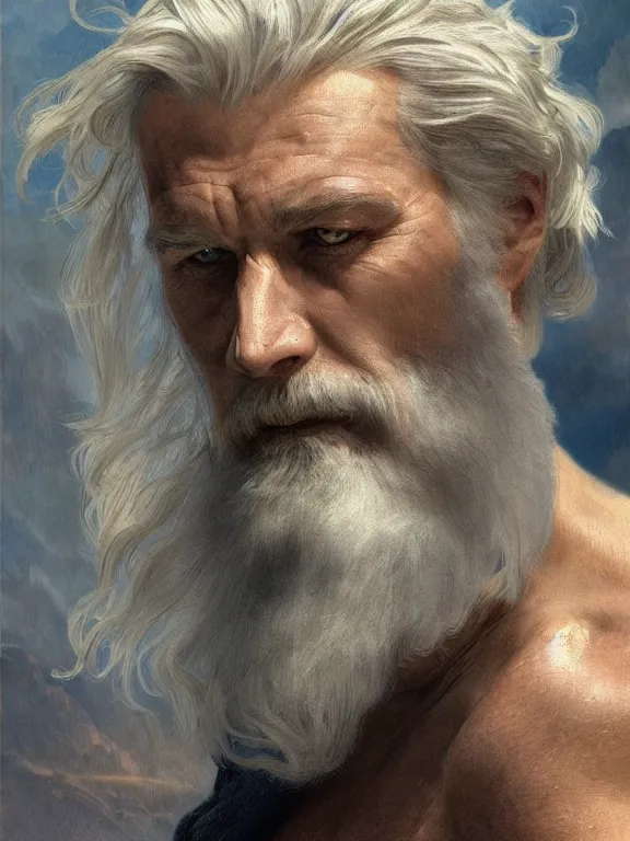 Image similar to painted portrait of rugged odin, god of death, norse god, white hair, masculine, mature, handsome, upper body, blue and silver, muscular, hairy torso, fantasy, intricate, muscular, elegant, highly detailed, digital painting, artstation, concept art, smooth, sharp focus, illustration, art by gaston bussiere and alphonse mucha