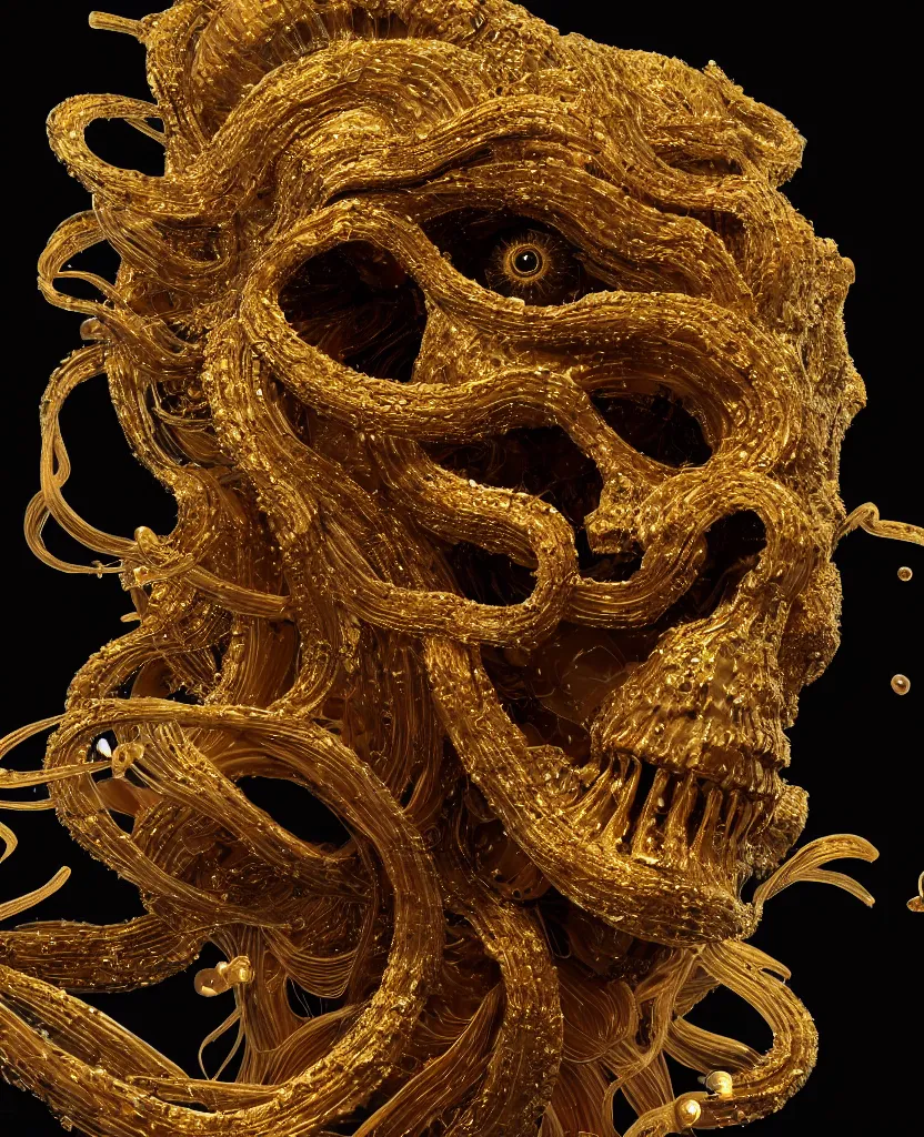 Image similar to fully black background. background hex 000000. goddess princess face close-up portrait ram skull. sculpture made of gold and decorated with brilliants. jellyfish phoenix head, nautilus, orchid, skull, betta fish, bioluminiscent creatures, intricate artwork by Tooth Wu and wlop and beeple. octane render, trending on artstation, greg rutkowski very coherent symmetrical artwork. cinematic, hyper realism, high detail, octane render, 8k