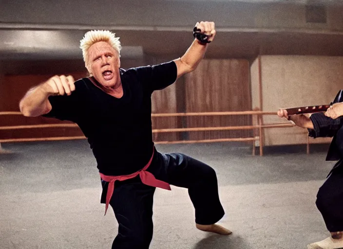 Prompt: film still of Gary Busey fighting Ninjas in the new Bloodsport movie, 8k