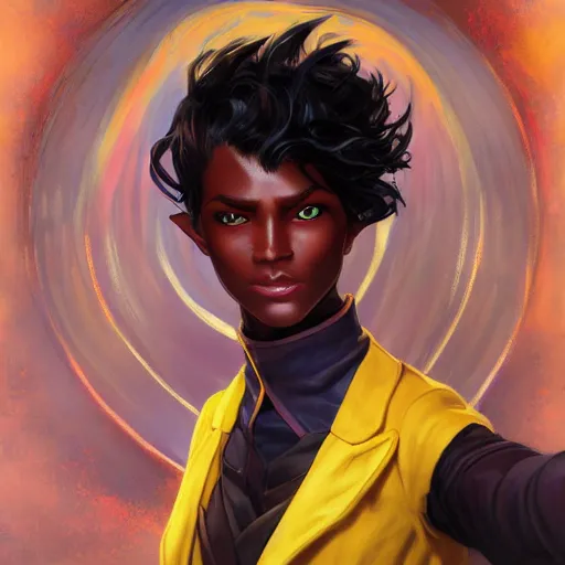 Prompt: dnd character portrait of a beautiful and androgynous half - elf with messy short red hair and catlike features and dark skin tone and yellow eyes with slit pupils, golden hour, wearing a colorful men's suit, realistic painting by tasha beckwith and ross tran and kehinde wiley and gerald brom and alphonse mucha, trending on artstation