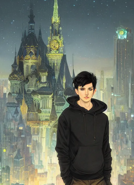 Prompt: handsome young man with short black hair, glowing light blue eyes, pale skin, wearing jeans and a black hoodie, detailed night time cityscape background, realistic painting by ross tran and gerald brom and alphonse mucha, ilya kuvshinov, svetlana tigai, artgerm, trending on artstation