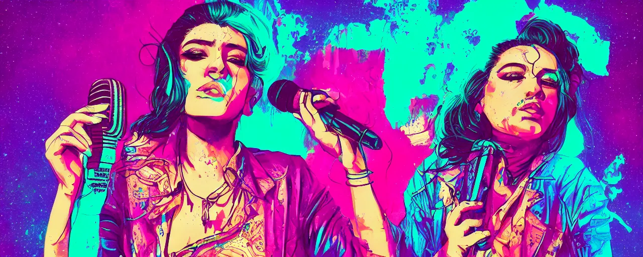 Prompt: Mexican female rapper holds microphone straight out, digital art, vapor wave, hip hop, psychedelic, surreal, trending on Artstation, professional artist, detailed, 4k