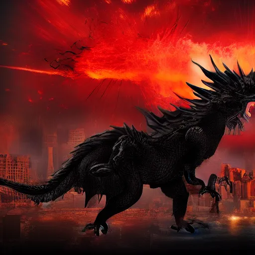 Image similar to a black dragon with red eyes, firing on new york city,