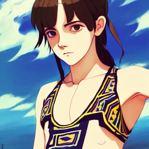 Image similar to a beautiful boyish emma watson alluring instagram model, wearing japanese hiphop aztec leotard outfit with mayan pattern and native style, aztec street fashion bathing suit, botw style, gapmoe yandere grimdark, trending on pixiv fanbox, painted by greg rutkowski makoto shinkai takashi takeuchi studio ghibli, akihiko yoshida