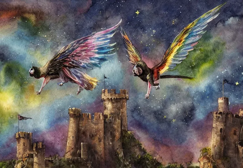 Image similar to legendary rainbow winged possum flying over a medieval castle at night under the dark starred sky, dark fantasy, watercolor, dreaming illusion, highly detailed, 4k, trending on Artstation