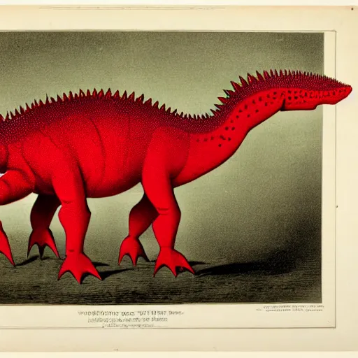 Prompt: antique lithograph from 1 9 0 0 of red stegosaurus, playing a piano