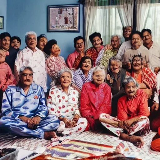Prompt: indian grandmothers and grandfathers having a pyjama party floating in space wearing spacesuits and helmets