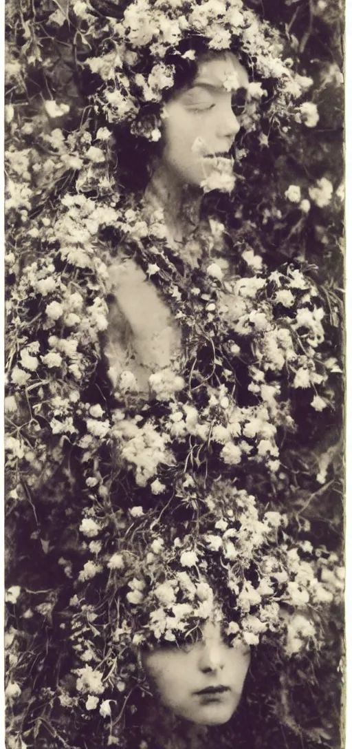 Image similar to portrait of a beautiful woman covered in flowers, Forest, ray gods, 1910 polaroid photography