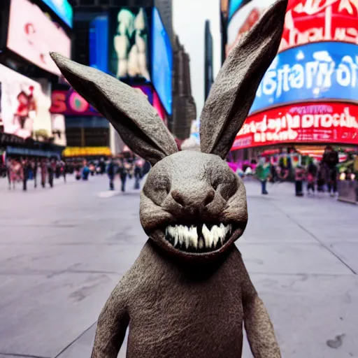 Image similar to a realistic plasticine sculpture of a very scary bunny with sharp teeth made by michelangelo, standing in times square, 3 d render, hyper detailed, sharp focus, 8 k resolution