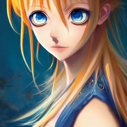 Image similar to portrait of a beautiful cute blonde nisekoi with big blue eyes, fantasy, intricate, elegant, highly detailed, digital painting, artstation, concept art, smooth, sharp focus, illustration