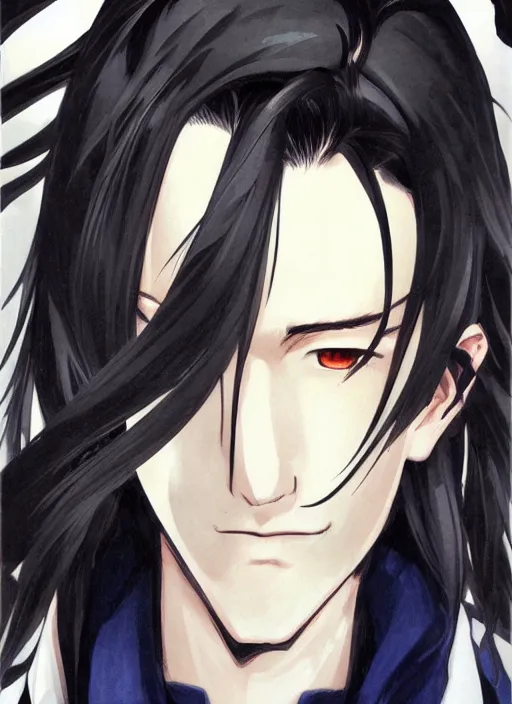 Prompt: portrait illustration by shigenori soejima, handsome male vampire, focus on face, pretty, long black hair, dark blue shirt, light brown trenchcoat