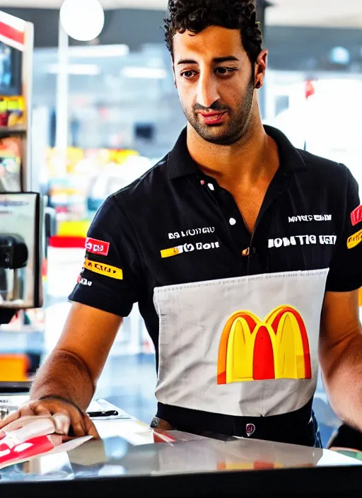 Image similar to photo of f 1 driver, daniel ricciardo, working as a cashier at mcdonalds