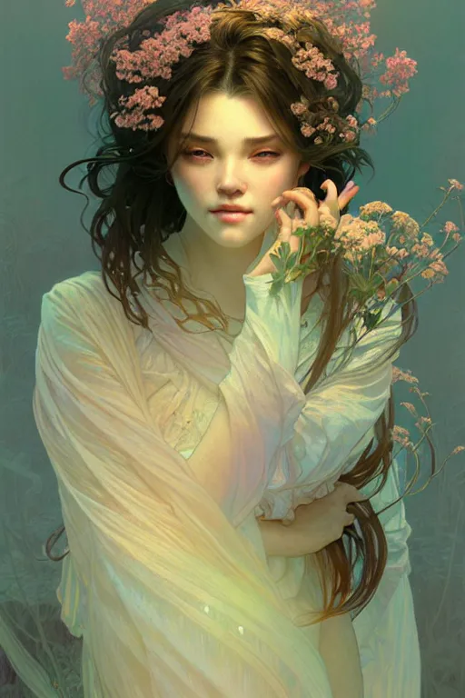 Image similar to beautiful aerite, portrait in the center of the face, home care, gentle, thoughtful, fog, snow, volumetric lighting, soft light particles floating next to her, illustration, perfectly shaded, often painted, works by krenz kushart and wenjun lin, alphonse mucha