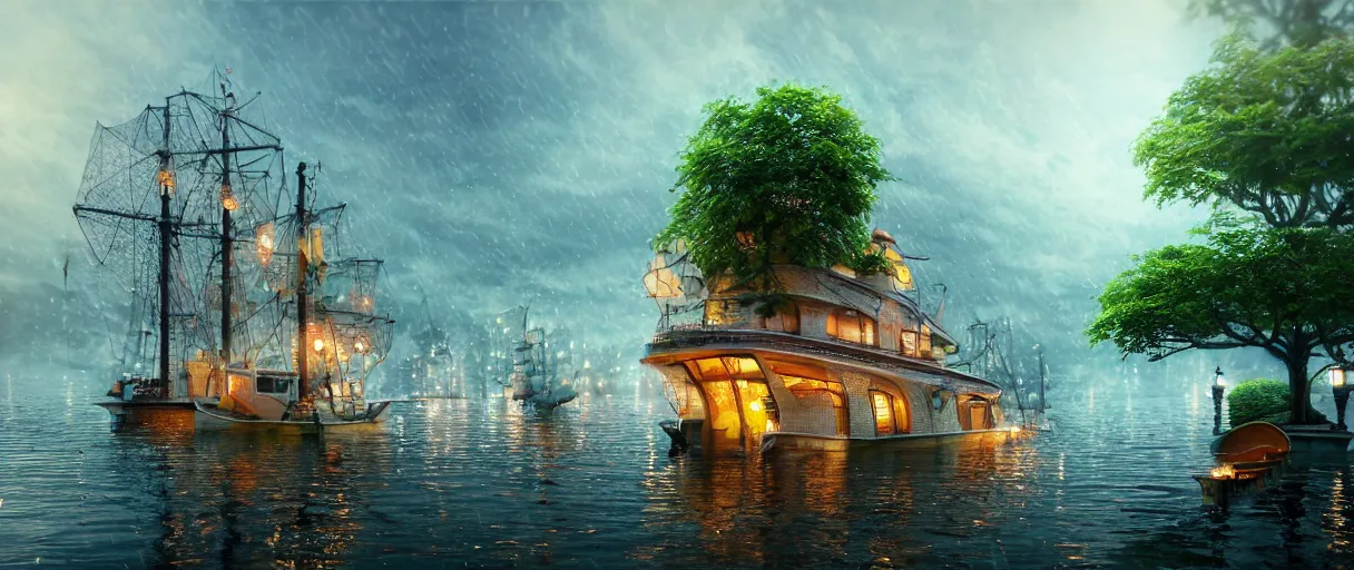 Image similar to cruising ship sailing at raining night at flooded miniature city, sun is on the rise on the town, cute style garden, octane render, trees, evergreen, patio, garden, wet atmosphere, tender, soft light misty yoshitaka amano, and artgerm, gediminas pranckevicius