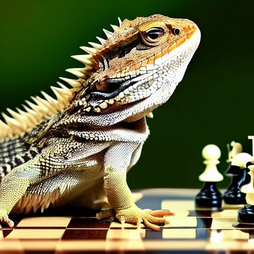 Prompt: a Bearded dragon playing chess against a Salamander, national geographic photo