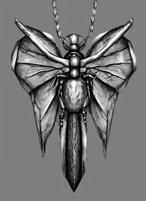 Image similar to rough concept art of small insect pendant, fantasy illustration, medieval era, trending on artstation, symmetry