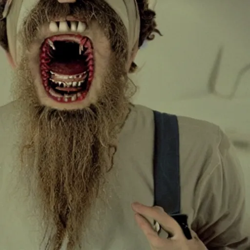 Prompt: filmic bearded man with living teeth and tentacles in the style of the horror film The Thing 1982