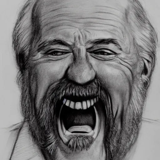 Image similar to ernest hemmingway laughing, demented, scary pencil sketch