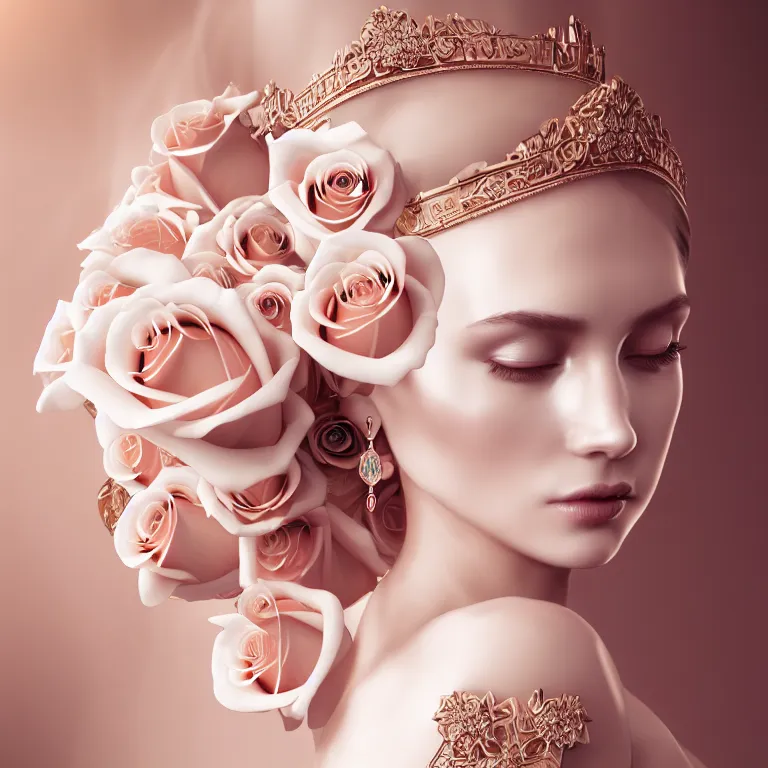 Prompt: wonderful princess with a clear skin ornate of cream liquid semi transparent roses, 8 k gorgeous delicate cream detailed, accent white lighting, dramatic light, octane render