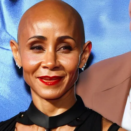 Prompt: photo of jada pinkett with a bald head, dressed as dracula with fangs, will smith as igor