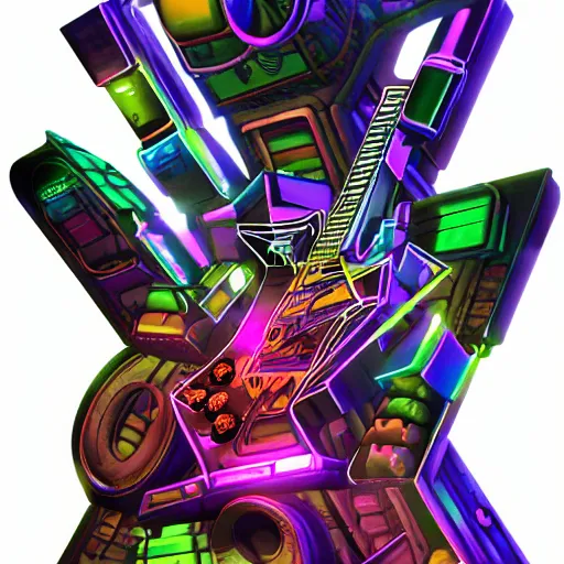 Image similar to sticker of a rock band, name is tripmachine, on the sticker is a 3 d render of a huge futuristic steampunk generator with musician robots, 8 k, fluorescent colors, halluzinogenic, multicolored, exaggerated detailed, silk screen art