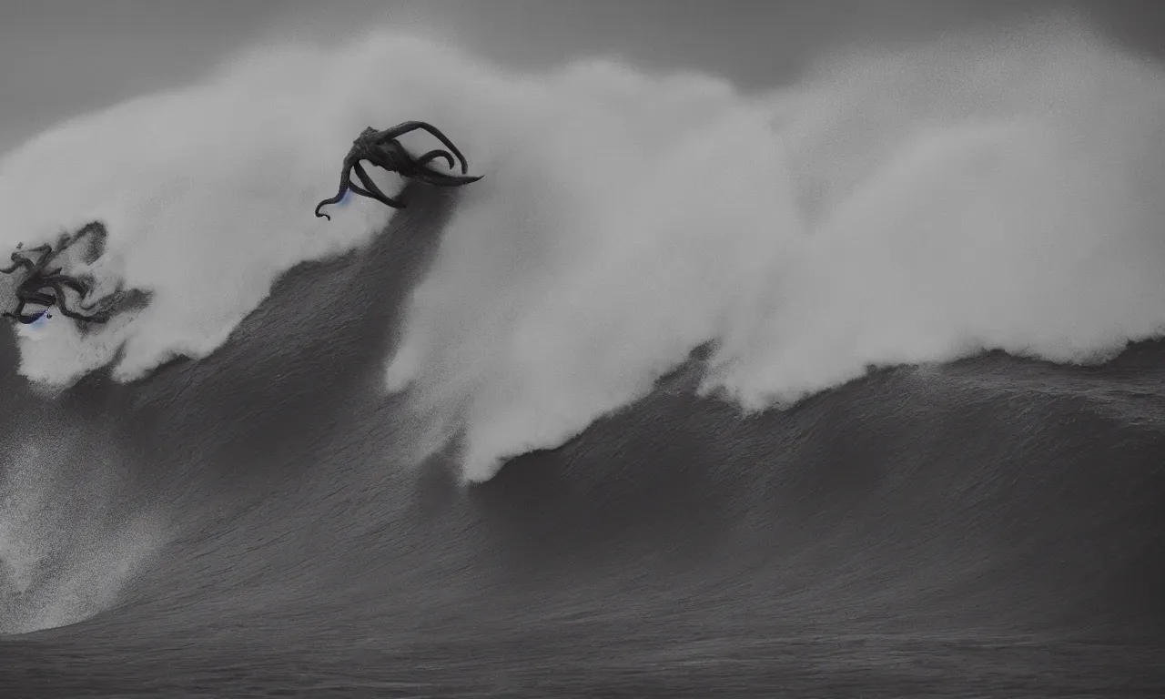 Prompt: mutant octopus surfing a big wave, photography by Hayden Richards, award winner, slow motion, refractions, summerpunk, nazare (portugal), 35mm, cinematic, evening at dusk,