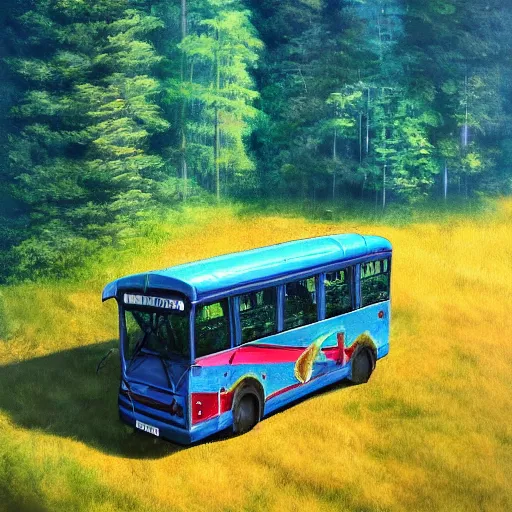 Image similar to a bus with wings [ flying above a forest and lake ], [ oil painting ]!!, trending on cgsociety, 4 k