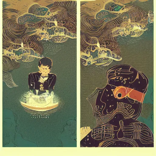 Prompt: a son imitate his father, illustration by victo ngai