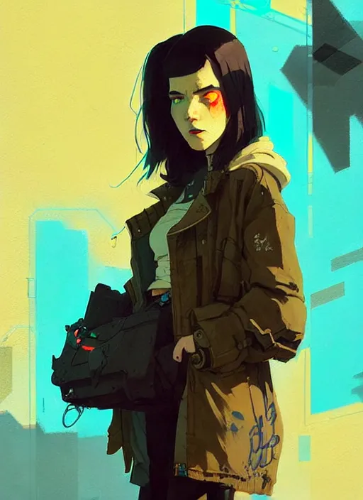 Image similar to highly detailed portrait of a moody post - cyberpunk young adult lady by atey ghailan, by greg rutkowski, by greg, tocchini, by james gilleard, by joe fenton, by kaethe butcher, gradient yellow, black, brown and cyan color scheme, grunge aesthetic!!! ( ( graffiti tag city background ) )