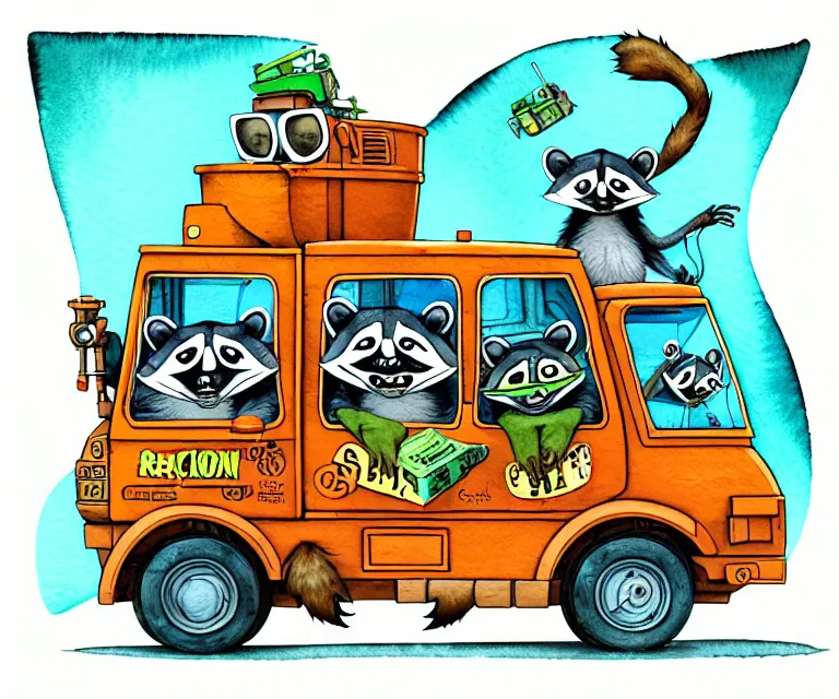 Prompt: cute and funny, racoon wearing goggles driving a tiny garbage truck, ratfink style by ed roth, centered award winning watercolor pen illustration, isometric illustration by chihiro iwasaki, edited by craola, tiny details by artgerm and watercolor girl, symmetrically isometrically centered