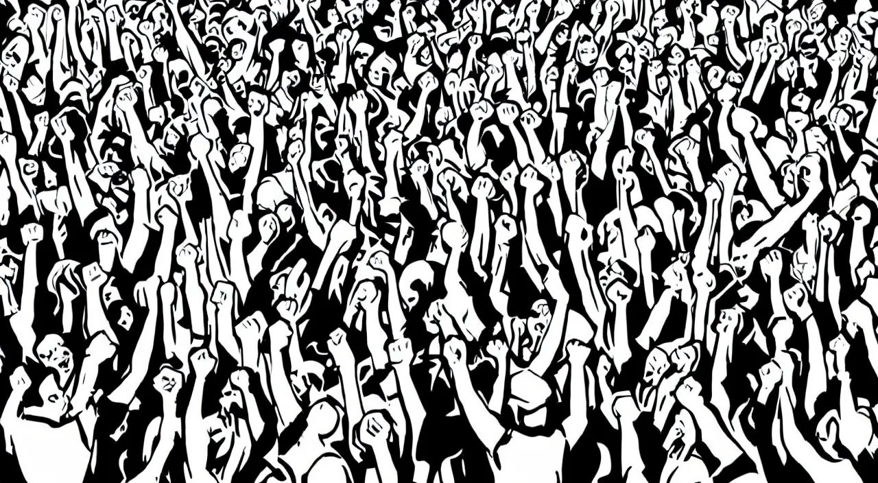 Prompt: black and white, high contrast, low angle, pop art of a group of workers raising their fists