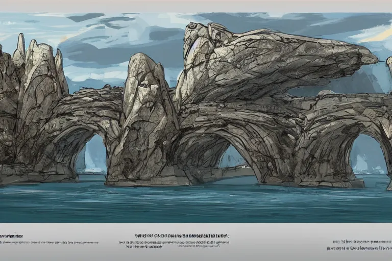 Prompt: A harbor under huge rock arches in the Yukon, concept art, artstationhq