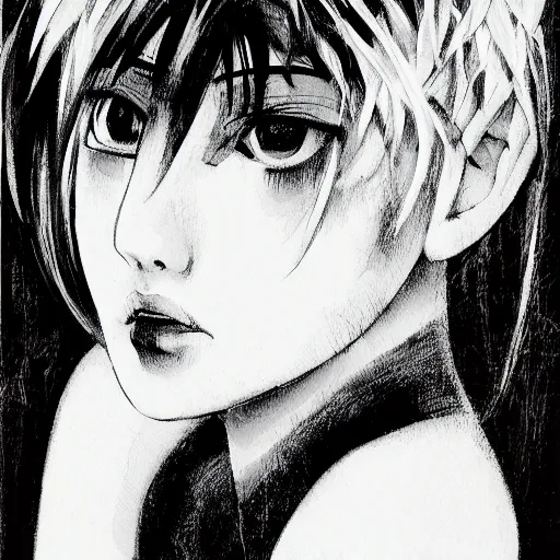 Prompt: Renaissance oil portrait of a manga style girl with short white hair and black eyes in the style of Yoshitaka Amano, abstract black and white background, large film grain, expressive brush strokes