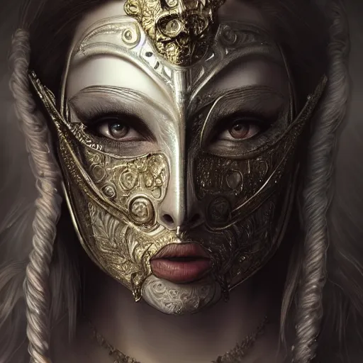 Image similar to Very very very very highly detailed epic photo of face with venetian mask, intricate, dystopian, sci-fi, extremely detailed, digital painting, artstation, concept art, smooth, sharp focus, illustration, intimidating lighting, incredible art by Artgerm and Anton Pieck