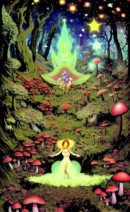 Image similar to stars in the sky, fairies with detailed faces, enchanted forest, mushrooms on the ground, psychedelic, wide angle shot, white background, vector art, illustration by frank frazetta