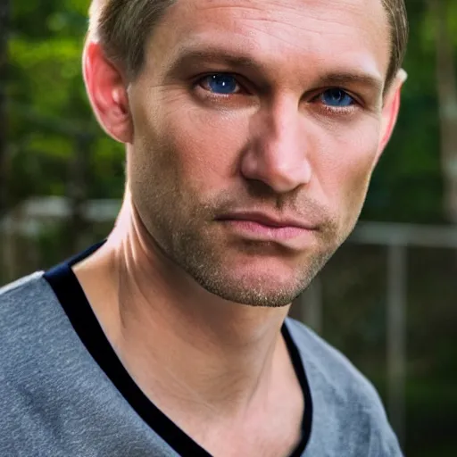 Image similar to color photograph of a 40 year old very handsome white skinny man with short, curly, blond hair and very small blue eyes, dressed in a white t shirt, gray shorts and black socks, with a small mole to the right of his very thin lips, with a straight nose and blond stubble, with a round face, and an earring in the left ear. He resembles a lion.