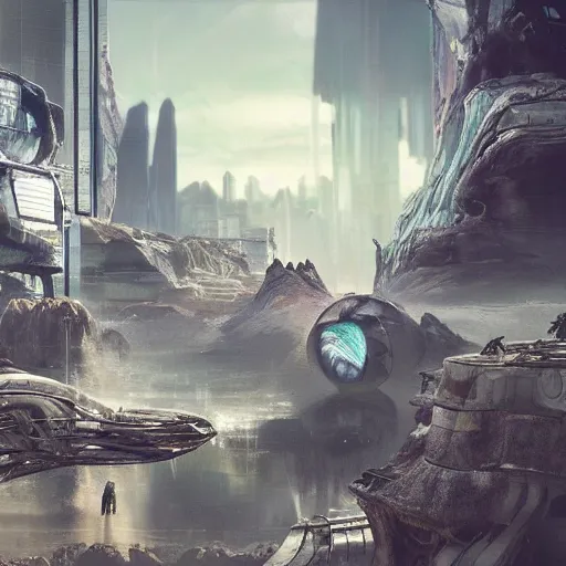 Prompt: sci fi planet with people in alien landscape, hyper realistic, cyberpunk, humans
