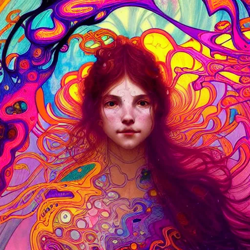 Image similar to A girl having an extremely colorful psychedelic experience, warping time and space, magic mushrooms, psilocybin, LSD, face, detailed, intricate, elegant, highly detailed, digital painting, artstation, concept art, smooth, sharp focus, illustration, art by Krenz Cushart and Artem Demura and alphonse mucha