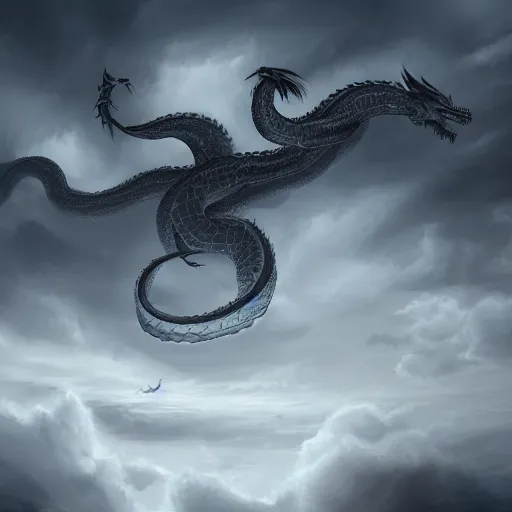 Prompt: Detailed digital art of a huge serpent dragon flying through the clouds. Mostly shrouded by fog and clouds. Featured on Artstation