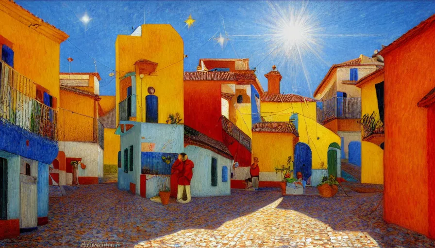 Image similar to a 1 9 9 8 southern spain town painted by arthur bispo do rosario, jules bastien - lepage, tarsila do amaral, frank weston and gustave baumann, trending on artstation, mediterranean, star, sharp focus, colorful refracted sparkles and lines, soft light, 8 k 4 k