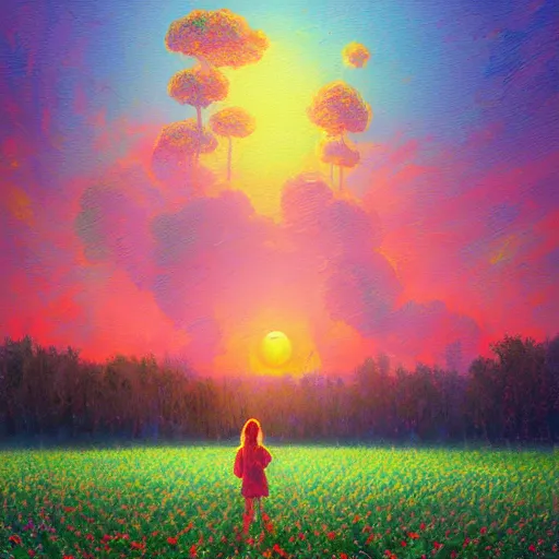 Image similar to girl with singular flower as a face, flower field, big trees, sunrise dramatic light, impressionist painting, colorful clouds, digital painting, pointillism, artstation, simon stalenhag